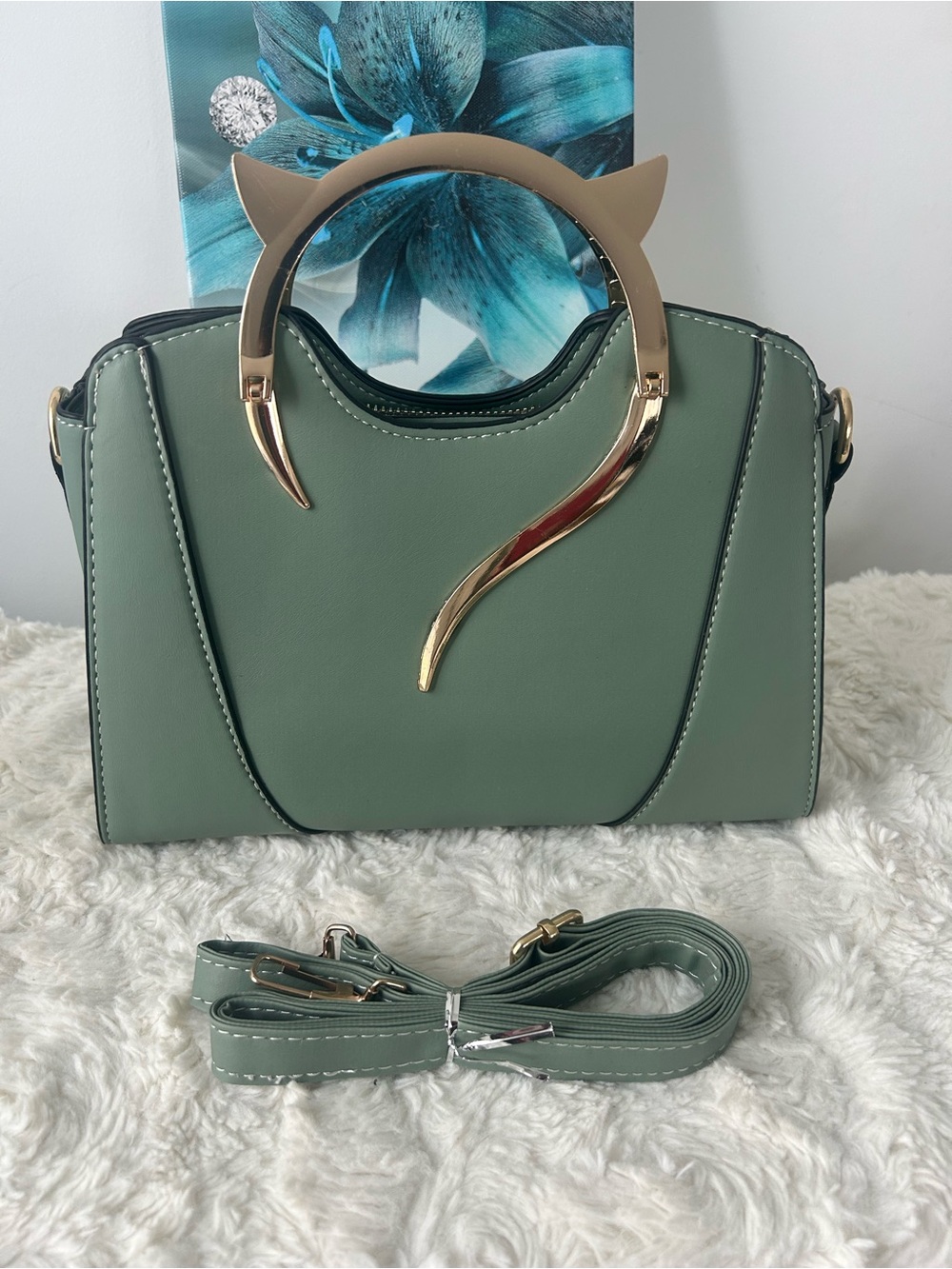 Gold-Accent Sculpted Handle Crossbody in Sage Green